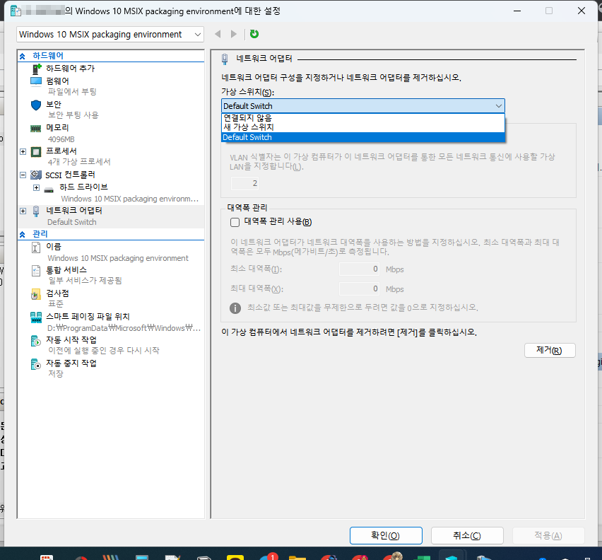 가상 컴퓨터 설정에서 가상 스위치를 선택했습니다.